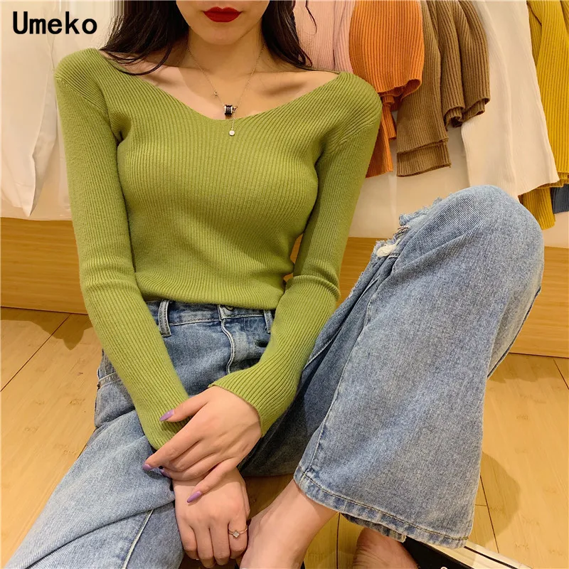 

Umeko 2019 Casual Autumn Winter V-Neck Pullovers Sweaters Solid Primer Sexy Sweaters Long Sleeve Short Korean Slim-fit Tight
