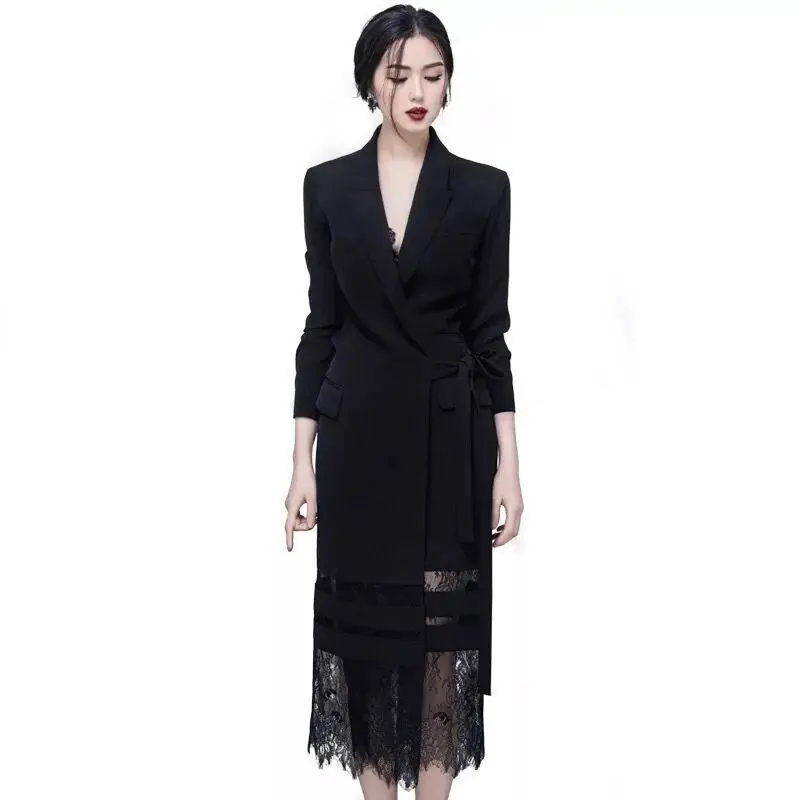 

2019 Autumn New Style CHIC Black And White with Pattern Debutante Fake Two-Piece Casual Fashion Lace Mid-length Suit Jacket Wome