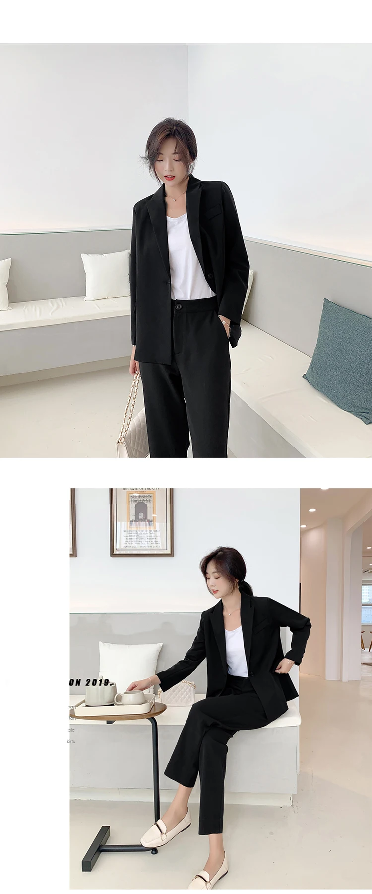 New Arrival Women Notched Long Sleeve Blazer With Belt Straight Long Pants 2 Piece Set Female Caramel Casual Pants Suit S98302F