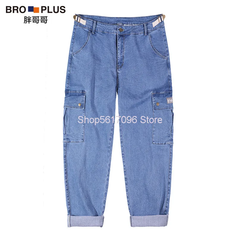 

Light Color Jeans Male Big Size Loose Straight Cylinder Pocket Trousers Plus Fat Plus Size Fat Man