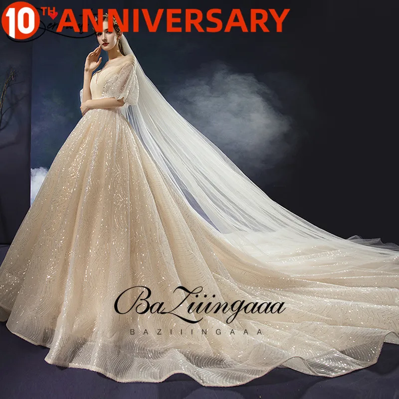 BAZIIINGAAA Luxury Off The Shoulder French-style Trailing Wedding Dress Champagne Sequins Spray Gold Noble Tailor-made | Свадьбы и
