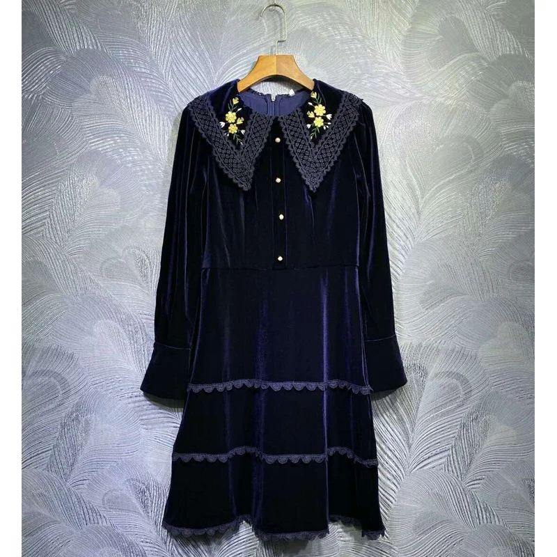 SEQINYY Loose Velvet Dress 2020 Autumn Winter New Fashion Design Women Lace Embroidery Flowers High Quality Mini Runway