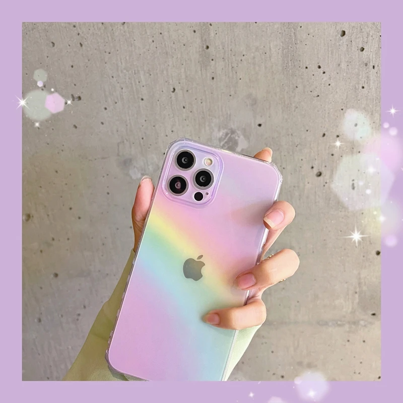 Colorful Pink Rainbow Transparent Phone Case For iPhone 13 Pro Max 12 Mini 11 X XS XR 7 8 Plus SE Fashion Soft Shockproof Cover