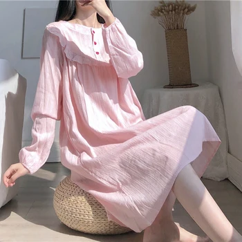 

Sleepwear Autumn Cotton Nightdress Loose Princess Style Home Dress Long Sleeve Sleepshirts Women Sweet Lolita Nightgown S1037
