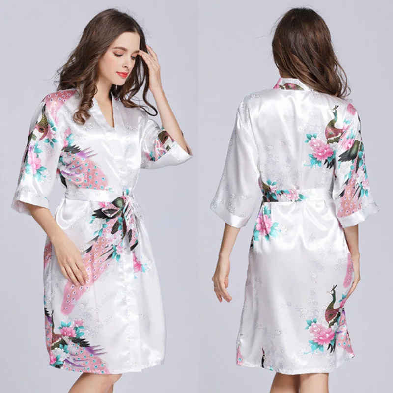 Women´s Satin Robe Kimono Dress Summer Sexy Gown Half Sleeve Floral Print Sleepwear Mini Night Dress Bathrobe