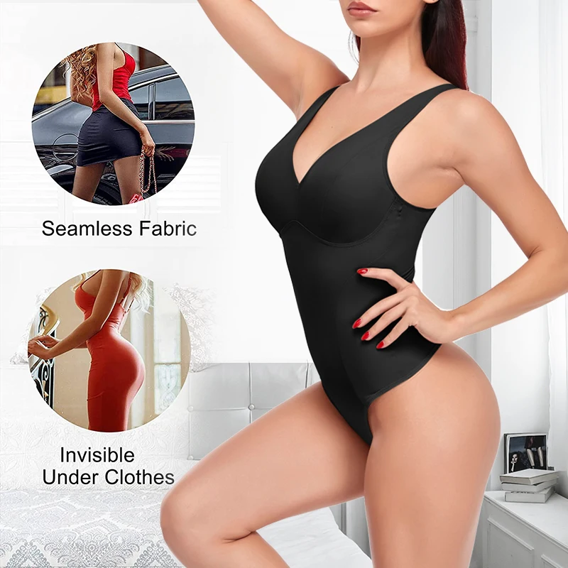 Bodysuit Shapewear Sexy Deep V-Neck Jumpsuit Top Body Shaper Slimming Underwear Thong Waist Trainer Women Padded Push Up Corset spanx bodysuit