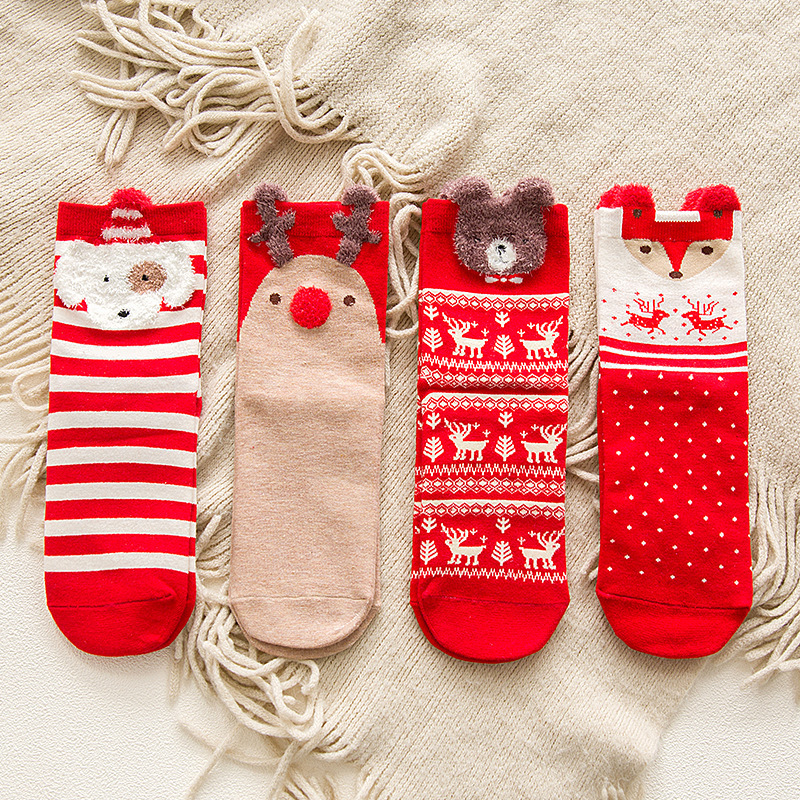 Christmas Socks Women Cartoon Socks Winter Warm Sock pack Christmas Decorations for Home New Year Gift for Girls 4 Pairs 1 Set