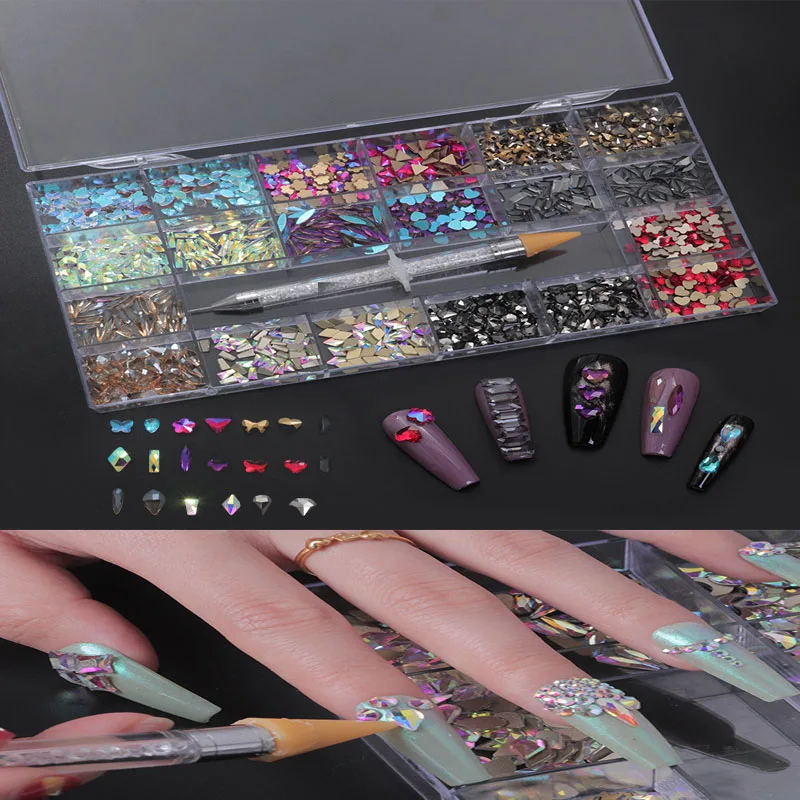 600Pcs Geographic Multi-Shapes Nail Rhinestones + 2500Pcs SS3-SS16 AB Color Flatback Non-Hotfix Crystal Gems + 1Pc Wax Pen Set