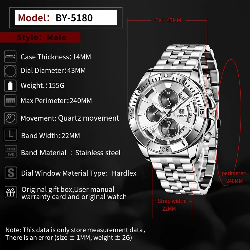 BENYAR Men's Watches 2023 Top Brand Luxury Stainless Steel Quartz Watch For Men Multifunctional Chronograph Waterproof Military
