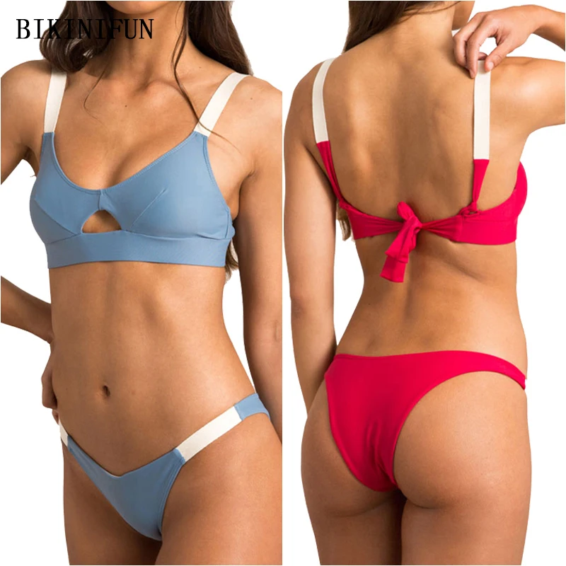 

2020 New Solid Color Patchwork Swimwear Scoop Neck Beachwear Front Cutout Swimsuit S-XL Girl Backless Bathing Suit Bikini Set