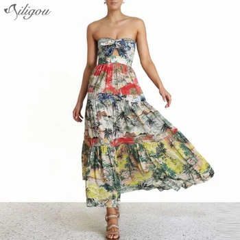 

Ailigou 2020 New Autumn Feminine Fashion Spaghetti Loose Bohemian Long Skirt Elegant Print Pleated Beach Holiday Dress Vestidos