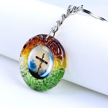 

Cross glass key chain Christian Jesus picture custom car ring liuli keychain