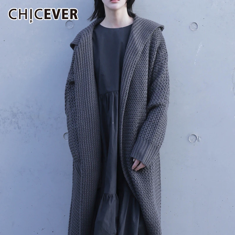 CHICEVER винтажный вязаный женский свитер пальто с капюшоном и длинным рукавом