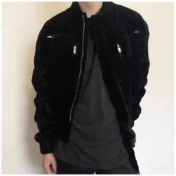 

European fashion style black velvet three-dimensional cut pleated Bomber motorcycle jacket cotton-padded jacket for men