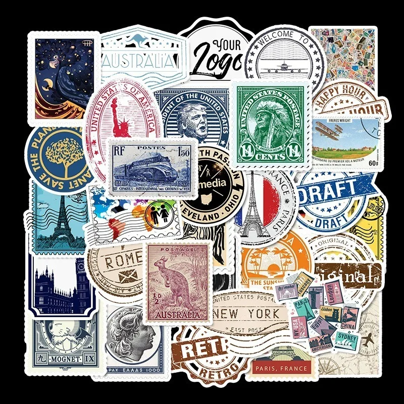 

50 PCS Retro Stamp Stickers Toy Travel Landmark Building Postmark Postage Decals Sticker for DIY Suitcase Guitar Laptop Car Bike
