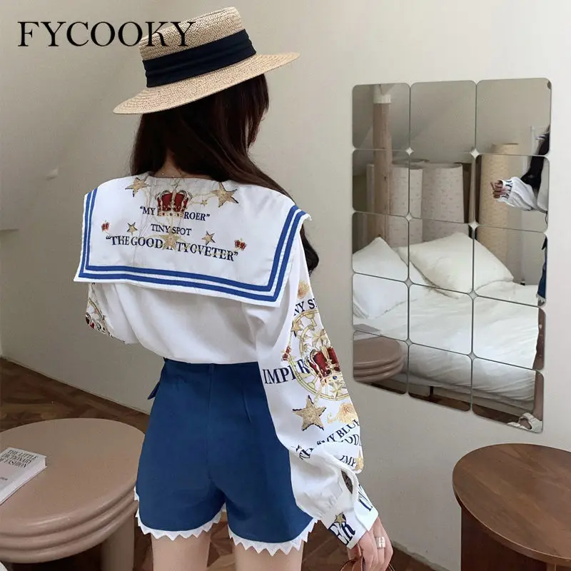 2021 Autumn New Short Sets Women Navy Collar Printed Long Sleeved Shirt + Lace Stitching Shorts Two-piece Suit Female