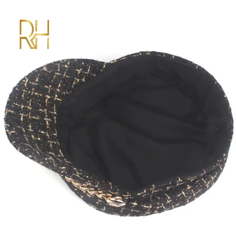 Luxury Tweed Design Golden Chain Decoration Army Military Caps Women Newsboy Cap Elegant Thick Plaid Salior Octogonal Hat