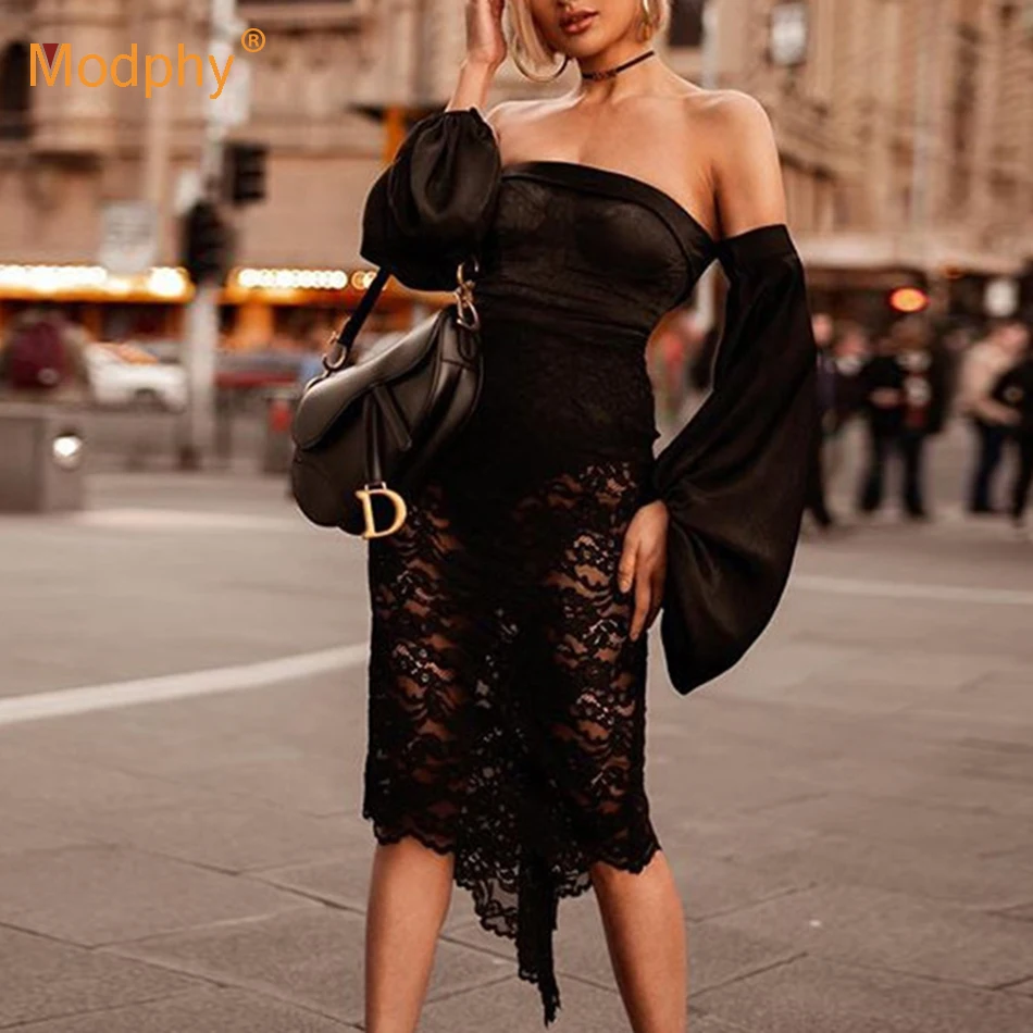 Женское облегающее платье с длинным рукавом черное кружевное прозрачное