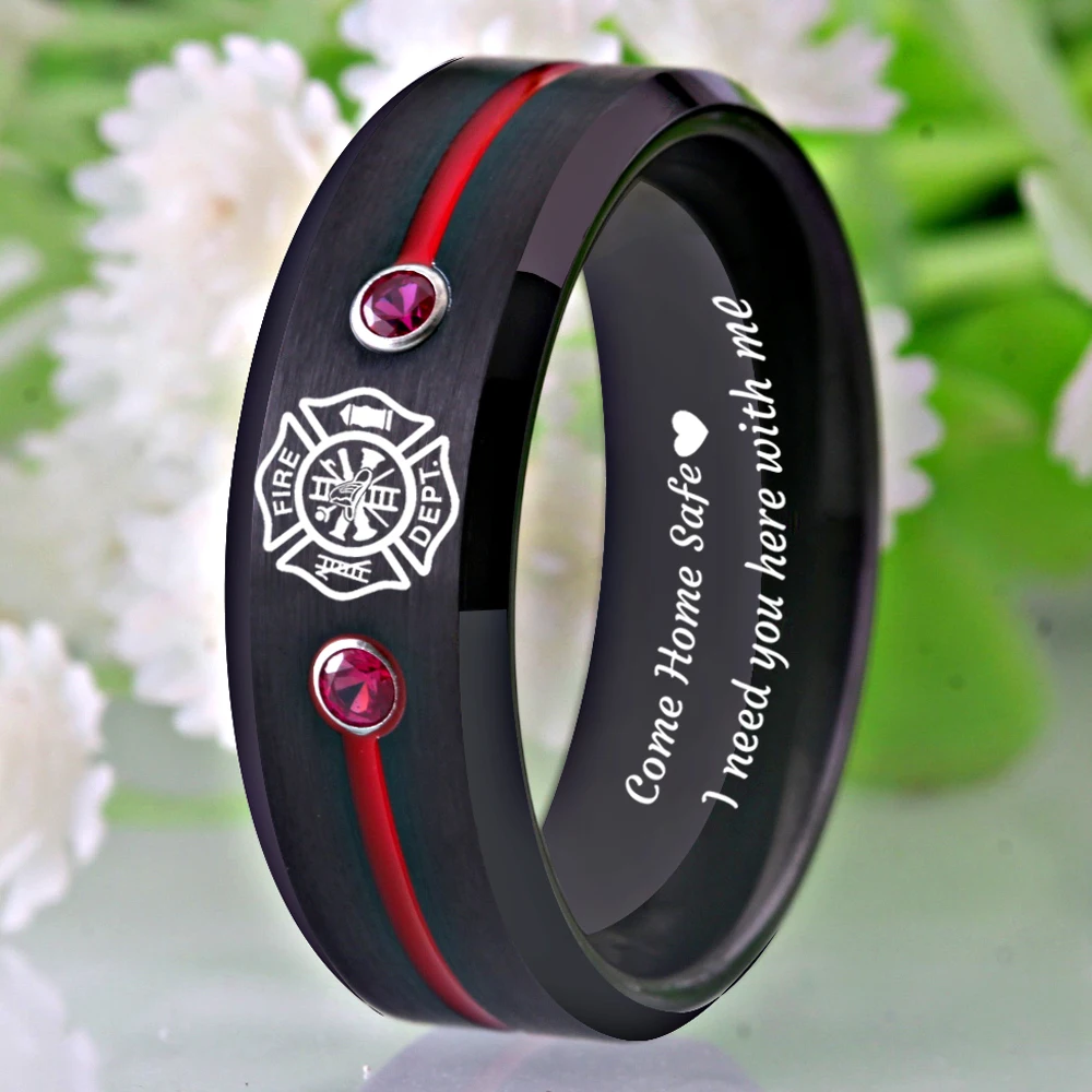 Firefighter Design Fireman Rings Fire Police Ring Men's Black Tungsten Ring With Red Groove CZ Anniversary Gift Ring