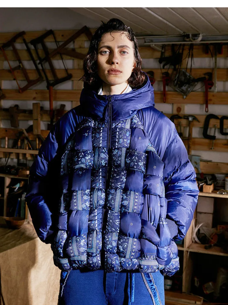 

Original Design Winter Women puffer coat Casual Loose Print Thick Warm Hooded Dark Blue Short White Duck Down Jacket doudoune