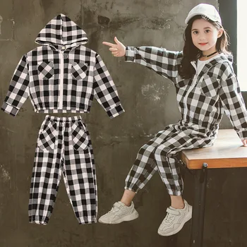 

Fashion Girls Clothing Set Autumn Children Plaid Suit Hooded Jackets +Pants Casual Tracksuit Girls Clothes Kids Sports Suits