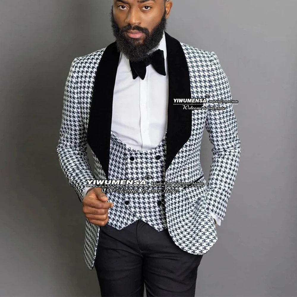 

Classic Swallow Gird Men Suits Black Houndstooth Jacket+Vest+Pants Groom Smoking Business Blazers Masculino Custom Made Ternos