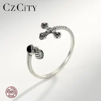 

CZCITY 925 Sterling Silver Cross & Heart Resizeable Thin Rings for Women Girls Party Popular Open Rings Fine Jewelry Gift SR0231