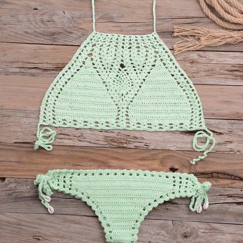 Women Sexy Micro Bikini Set G Thong String Lattice Hollow Bikinis Top Crochet Beach Swimwear Bathing Beachwear Set
