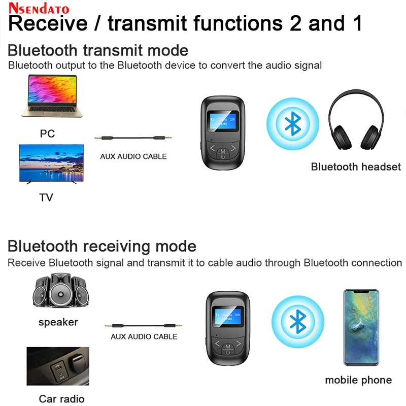 2 in 1 Bluetooth 5.0 Adapter LED Screen Wireless Audio Blue Tooth Transmitter Receiver for PC TV Car 3.5mm AUX Music Adaptador |