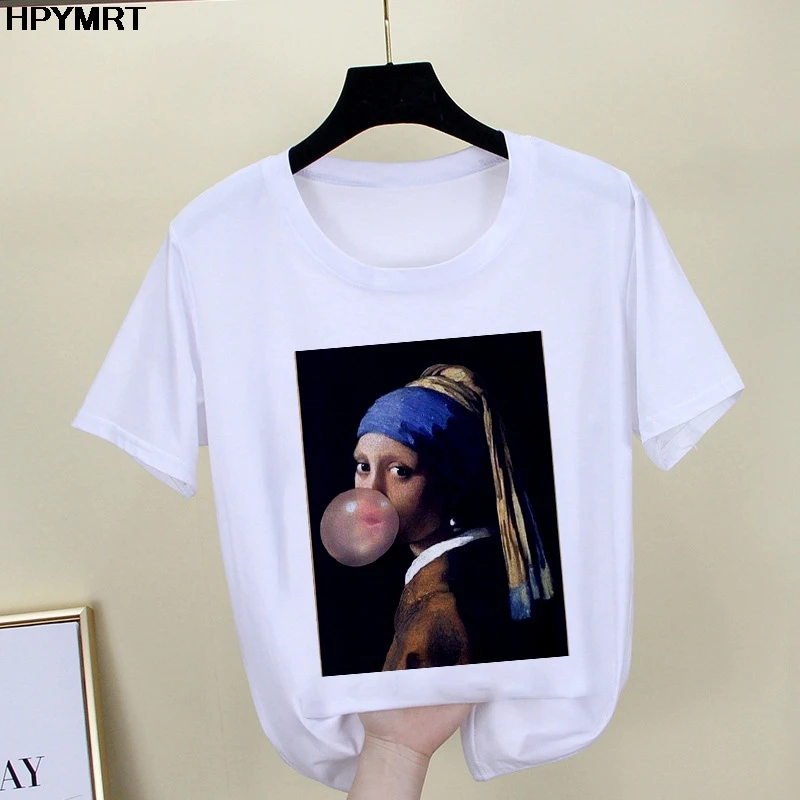 2020 New summer spoof Mona Lisa Print T Shirts Women aesthetics funny Tshirts Casual Short Sleeves Tops t-shirt Female Clothing