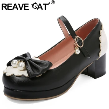 

REAVE CAT Concise Ladies Mary Janes Round Toe 5cm Square Heels Belt Buckle Bowtie Platforms pearl Large Size 30-46 Leisure A2979