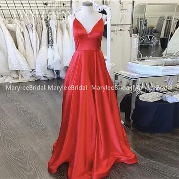 

Elegant V Neck Long Prom Dresses 2020 Simple Red Evening Dress Spaghetti Straps Satin Formal Party Gowns Customized