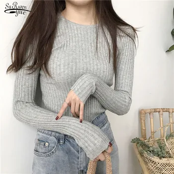 

2020 Fall Winter O-neck Long Sleeve Knit Sweater Solid Cotton Pullover Eleastic Sexy Sweater Slim Chic Wool Lady Clothing 10307