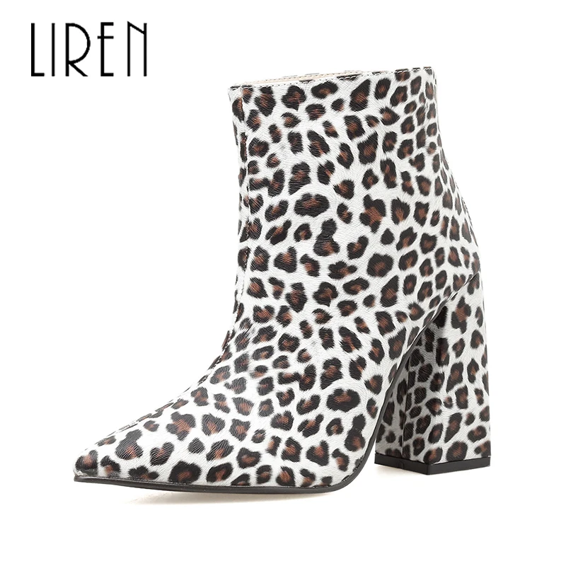 

Liren 2019 New PU Winter Women Ankle Slip-on Boots Leopard Fashion Sexy Lady Comfortable Square Heels High Heels Women Boots