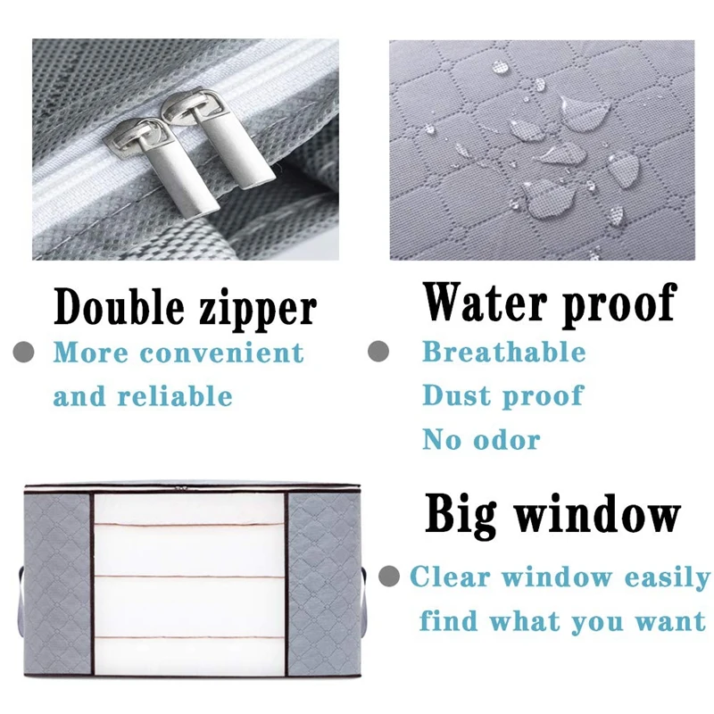 Large Capacity Storage Bag,Gray Foldable Closet Organizer Clothing Storage Bags with Clear Window, Reinforced Handle and Sturdy