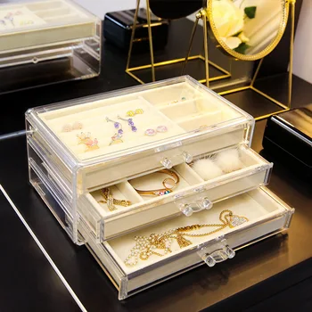 

Transparent High-Quality Transparent Plastic Large Cosmetic Box With Lid Storage Jewelry Box Tray Storage Box Flannel Storagebox