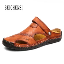 BEICHENSI/летние мужские сандалии из натуральной кожи; обувь ручной работы; мужские мягкие пляжные сандалии для прогулок; сандалии; размер 48