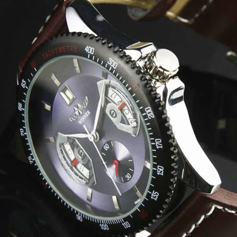 WINNER Men Fashion Auto Mechanical Watch Leather Strap Sub Dial Date Display Tachometer Top Brand Luxury Wrist Watch