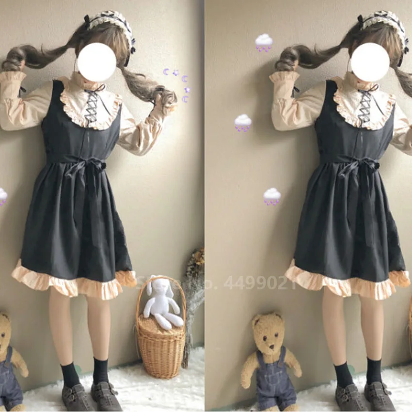 Японское платье для девочек в стиле Лолиты; Kawaii; имитация двух частей; Кружевная повязка с бантом; мягкая блузка с оборками и расклешенными рукавами; вечерние чайные юбки