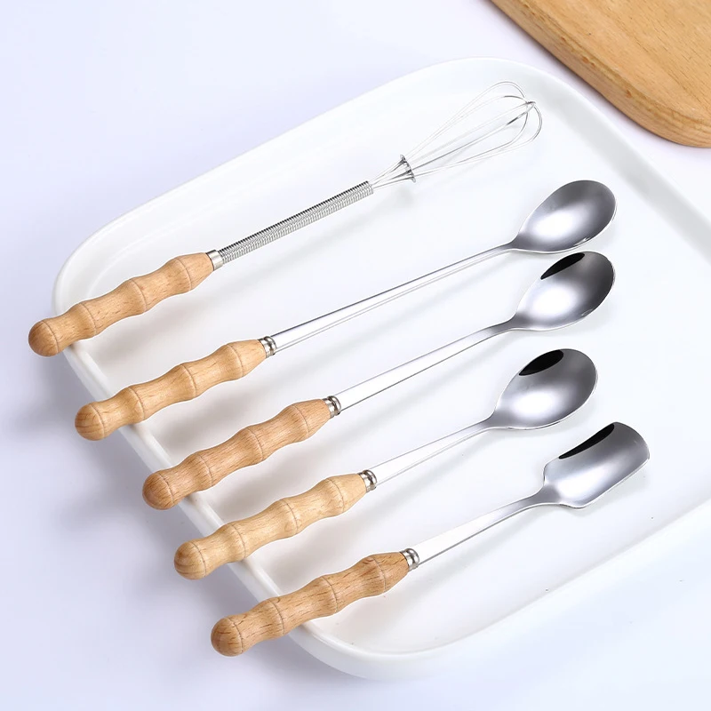 

Wooden Handle Spoon Sets Stainless Steel Table Set Eco-Friendly Tableware Tea Dessert Spoon Stir Spoon Ice Cream Scoops
