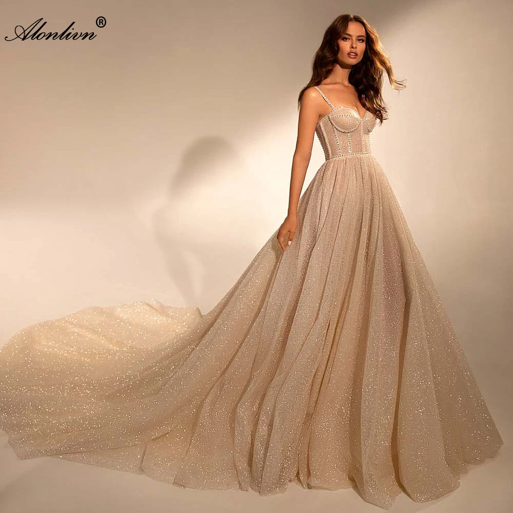 

Alonlivn Elegant Beading Voile Spaghetti Straps A-Line Wedding Dresses Sleeveless Sweetheart Bridal Gowns