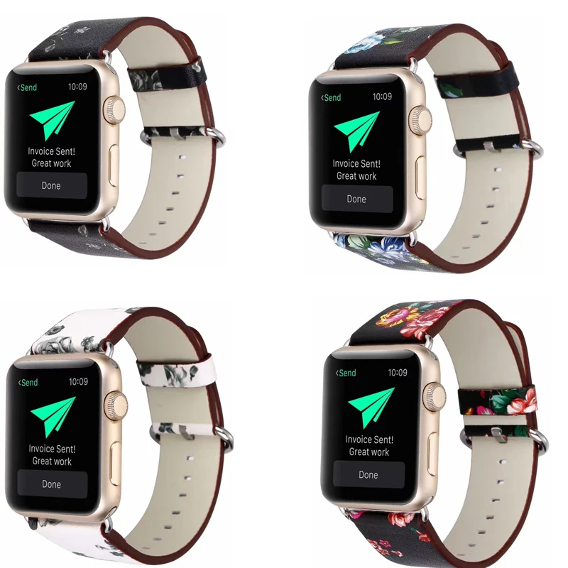 Кожаный ремешок для Apple Watch 42 38 40 44 мм цветочный дизайн наручный браслет iwatch se