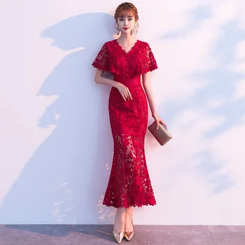 

Long Sexy Hollow Out Chinese Prom Dress V-Neck Women Mermaid Cheongsam Dresses Lace Flower Slim Robe De Soiree Elegant Qipao
