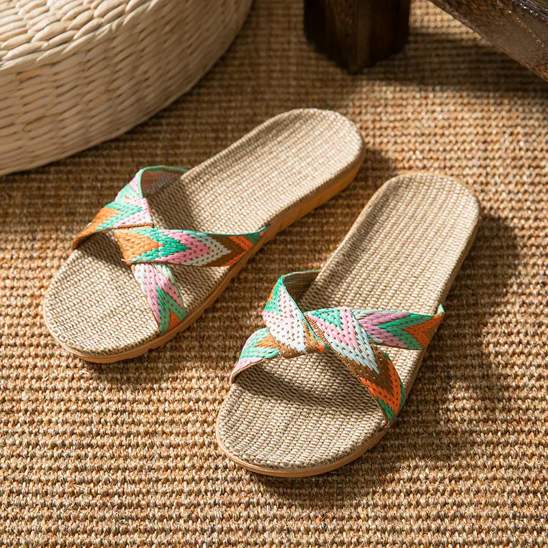 Vrouwen Pantoffels Women Cute Light Weight Multi Color Hemp Slippers Lady Open Toe Summer Comfort Beach Slide E6032 | Обувь