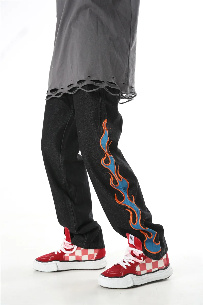 flame embroidered jeans