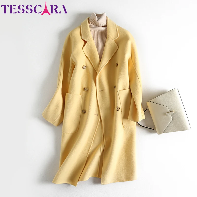 TESSCARA Women Autumn& Winter Elegant Wool Blend Jacket Coat Female Basic Jackets Designer Office Long Outerwear& Coats - Цвет: Yellow