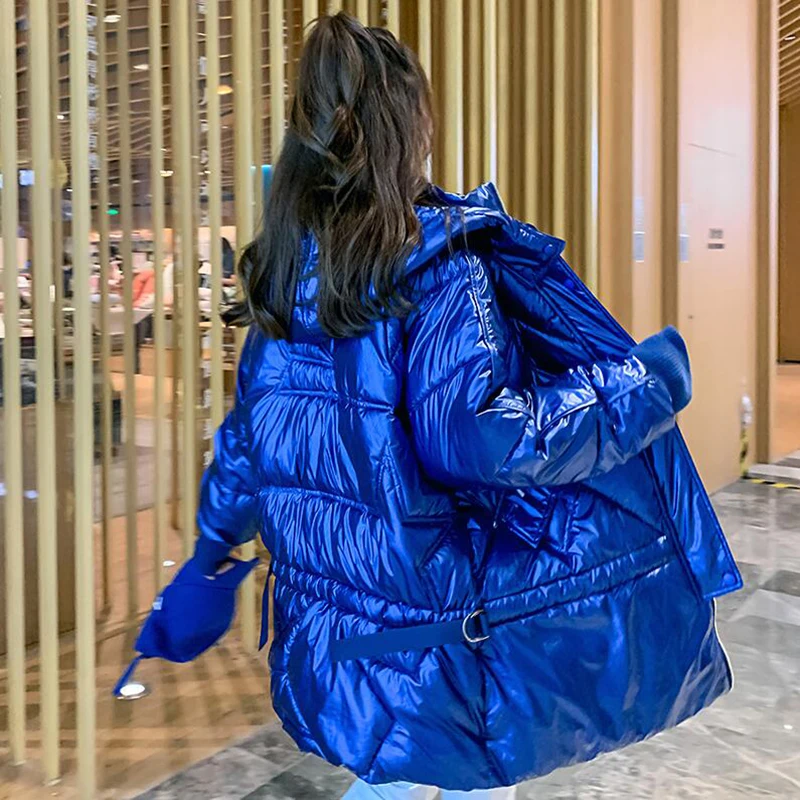 

2019 Fashion Winter Glossy Down Parka Women Jackes large size Winter Blue Thick Warm Parka Hooded Coat Loose Jackets Outerwear