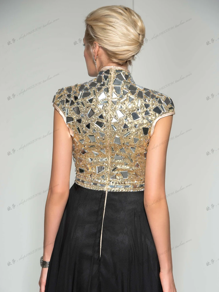 Индийское сари Формальное вечернее платье Кристалл блестками robe de soiree courte Черное длинное сексуальное с v-образным вырезом платья для матери невесты