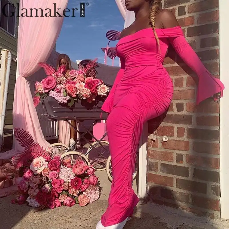Glamaker сексуальное платье с открытыми плечами с вырезом лодочкой осенние вечерние платья с баской и бантом элегантные расширяющиеся к низу рукава зимние длинные платья