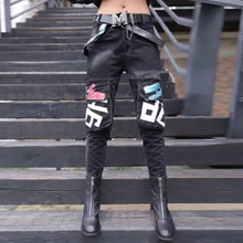 3114 женские штаны-карго из денима брюки средней талии с буквенным принтом джинсы женские осенние повседневные свободные джинсовые брюки женские большие размеры черные